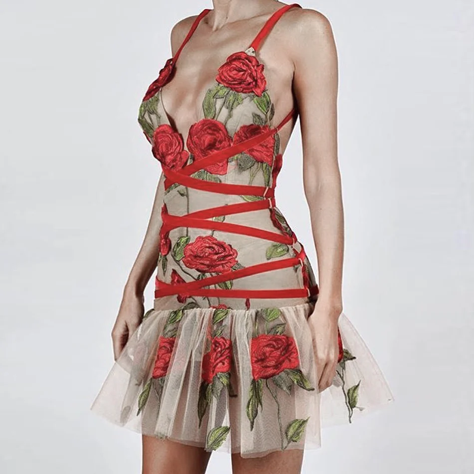 

Elegant Cross Strap Ruffled Sleeveless Bandage Dress Embroidery Mesh Spaghetti Strap V Neck Striped Mini Flower Bodycon Dress