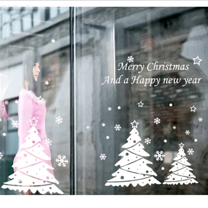Рождество Белая елка Рождество год магазин окна стены стикеры рождественские украшения