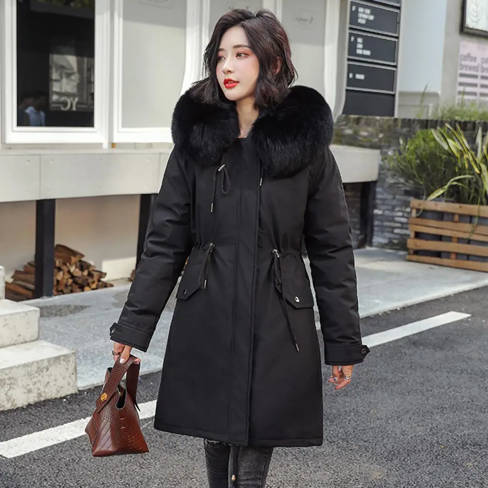 PinkyIsBlack/ модная женская искусственная подкладка из кроличьего меха с капюшоном, длинное пальто, парки, верхняя одежда, большой меховой воротник, зимняя куртка для женщин - Цвет: Черный