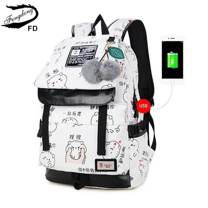Ceny FengDong kobieta moda drukowany napis plecak torba z portem usb na laptopa kobiety torby podróżne białe płótno plecak szkolny dla dziewczynek