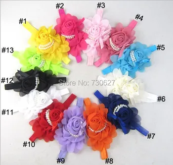 

2017 newborn hair band Headbands Chiffon fabric flowers pearl elastic headbands children hair accessories headwear 10pcs/lot