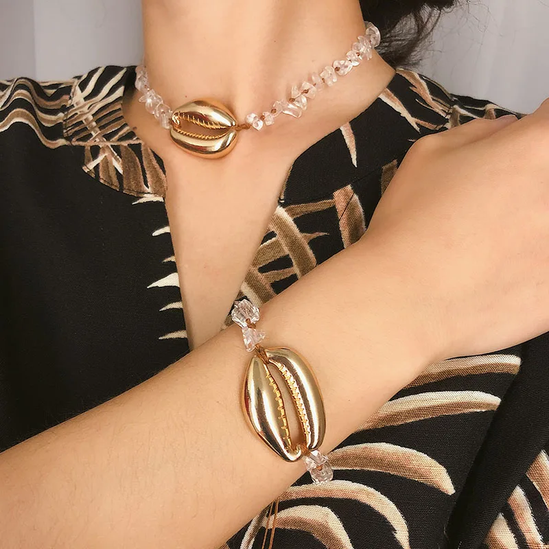 

Ethnic Bohemian Vintage Metal Sea Shell Crystal Choker Necklace for Women Natural Stone Beads Necklace Jewelry Kolye XR2156
