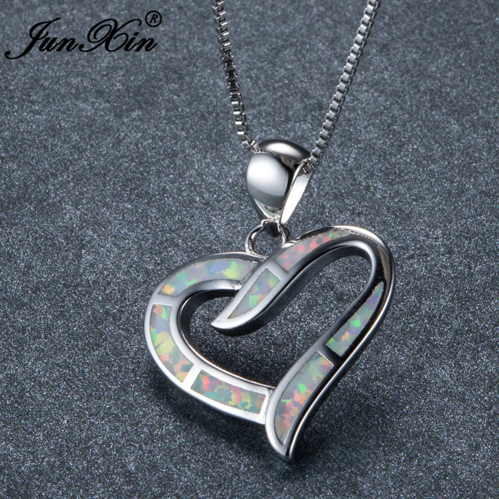 

JUNXIN Romantic 925 Sterling Silver Filled Heart Necklace For Women White/Blue Fire Opal Pendants Engagement Jewelry Lover Gifts