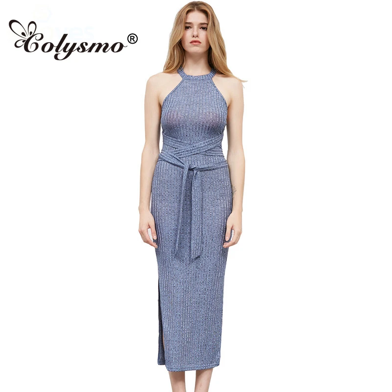 Colysmo синий Racer шеи ребристые миди платье повязки Sash wrap Bodycon вязаный свитер платья