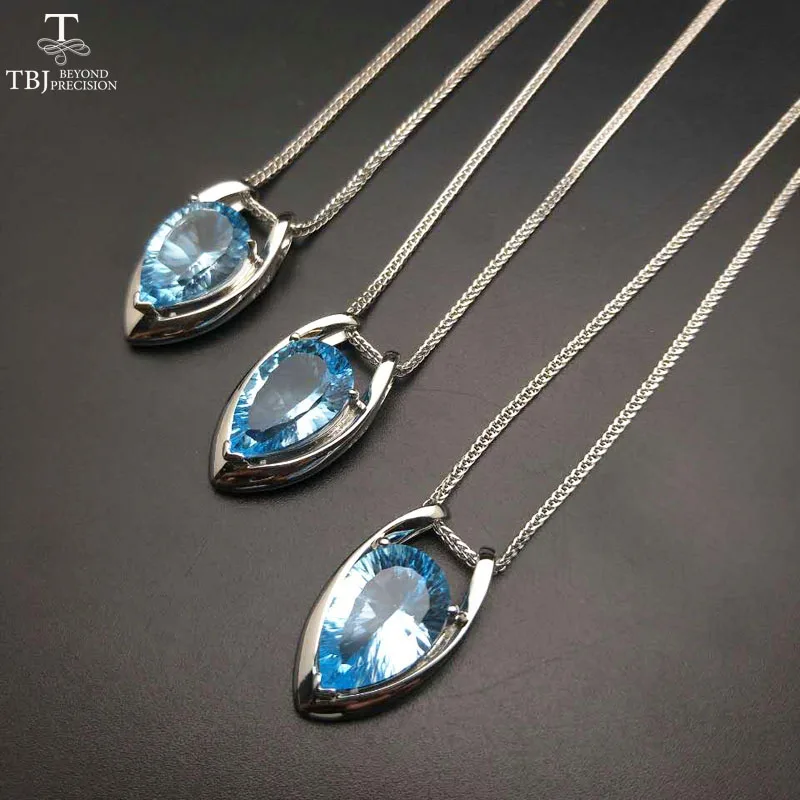 925 Sterling Silver V shape Pendant with nautral SKY BLUE topaz concave cut Gift box