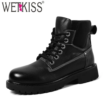 

WETKISS Cow Leather Women Ankle Boots Round Toe Lace Up Footwear Thick Heels Army Female Boots Platform Shoes Woman 2018 Winter
