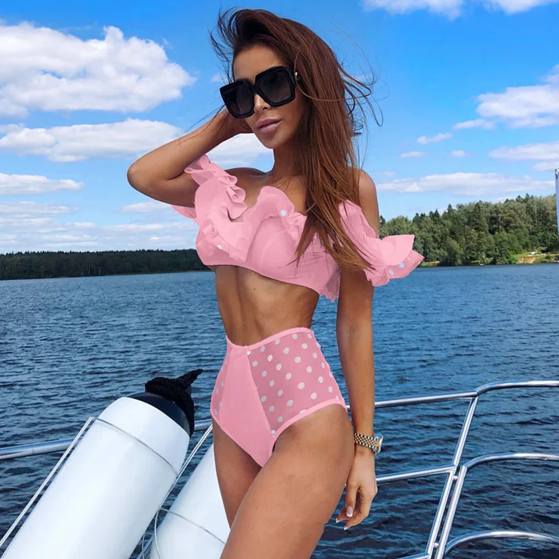 

2019 New Summer Black White Ruffles Swimsuit Women Striped Two Piece Bikini Set One Off Shoulder Swimwear Sexy Beach Biqiuni