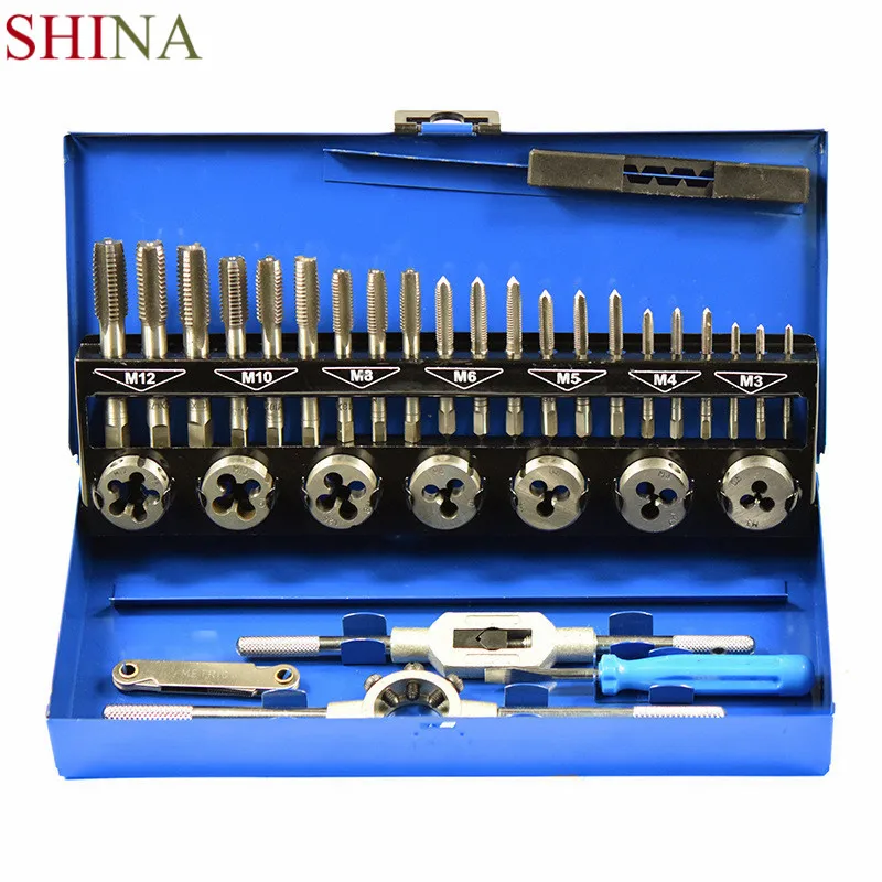 Shina 32PCS HSS Tap And Die Set M3 M12 Mould Drill Thread Taps Carbon Steel Hand Tools CNC