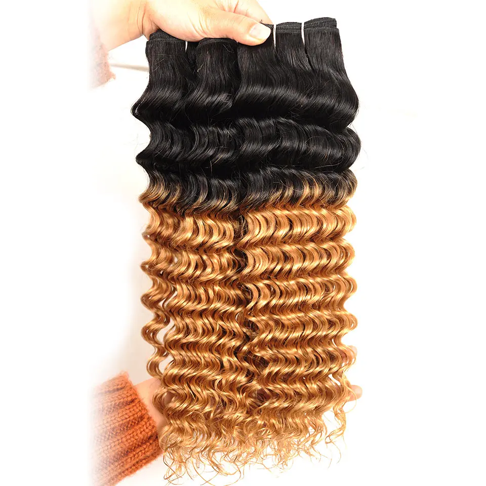 Pinshair Per-Colored Ombre T1B27 Malaysian Deep Wave 3 Bundle With Closure Blonde Human Hair Extension 4Pcs Weave Non Remy Hair (13)