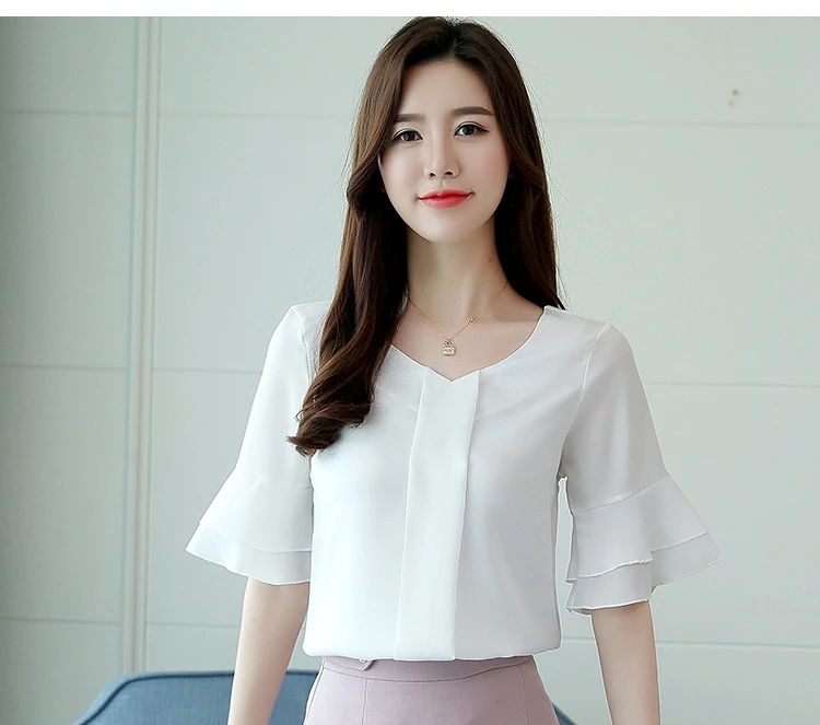 2018 Womens Blouses Summer Flare Sleeve Chiffon Blouse Shirt Women Tops Ladies Work Wear Office Blusa Feminina Shirts NS3929 ladies shirts