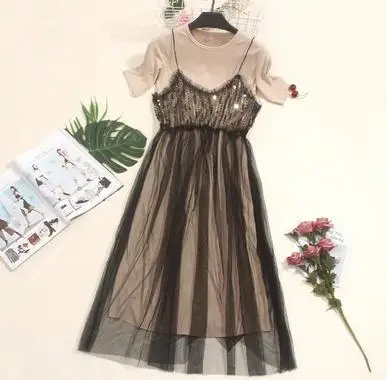 Женские летние платья из двух частей, милое платье-футболка с коротким рукавом+ Сетчатое платье на бретелях с блестками, женское длинное кружевное платье, Vestidos AB1435 - Цвет: apricot