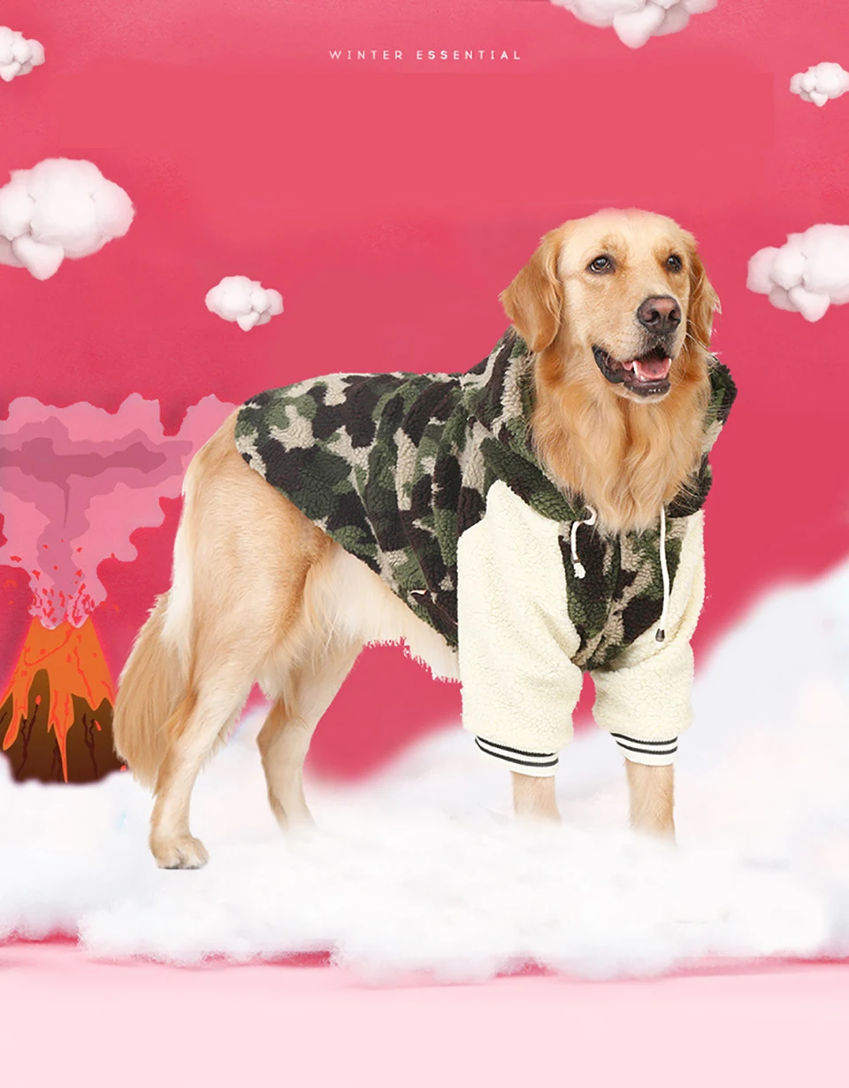 Камуфляжная зимняя одежда для собак, теплая флисовая толстовка с капюшоном для больших собак, куртка большого размера, золотистый ретривер хаски, спортивная одежда 3XL-9XL