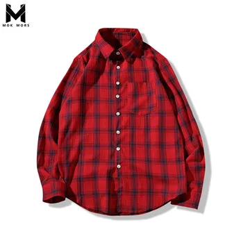 

2018 Summer Fashion Trend New Men's Brand Casual Shirt Back Personality Print Plaid Trend Men Square Collar Long Sleeve Shirt