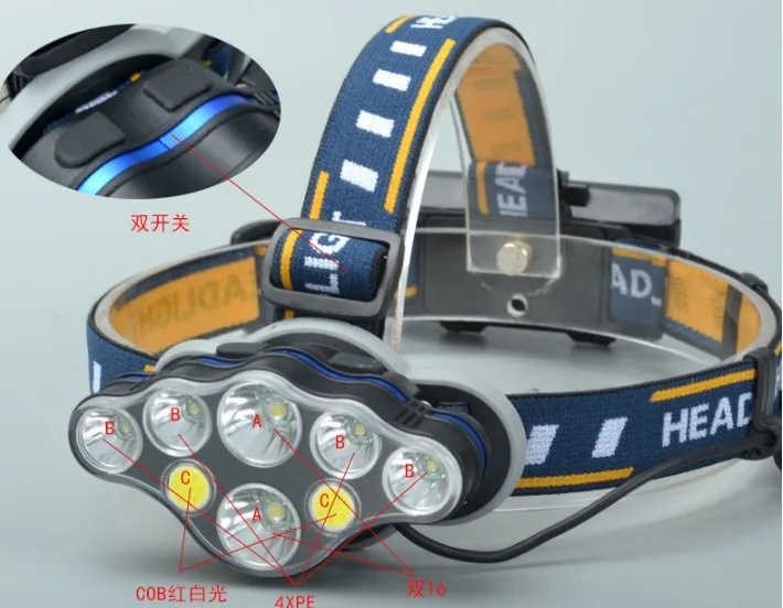 

18650 multi-head 5 led white red light head lamp T6 COB lamp head aircraft headlight charging riding fishing headlamp