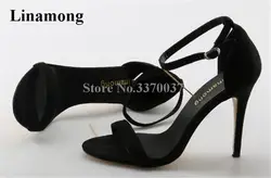 Linamong модная черная замша кожа один ремешок сандалии на тонком каблуке сандалии с ремешками на высоких каблуках Классическая Стиль Туфли
