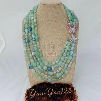 

N013018 21'' 5 Strands Multi Shape Green Stone Necklace CZ pave Pendant