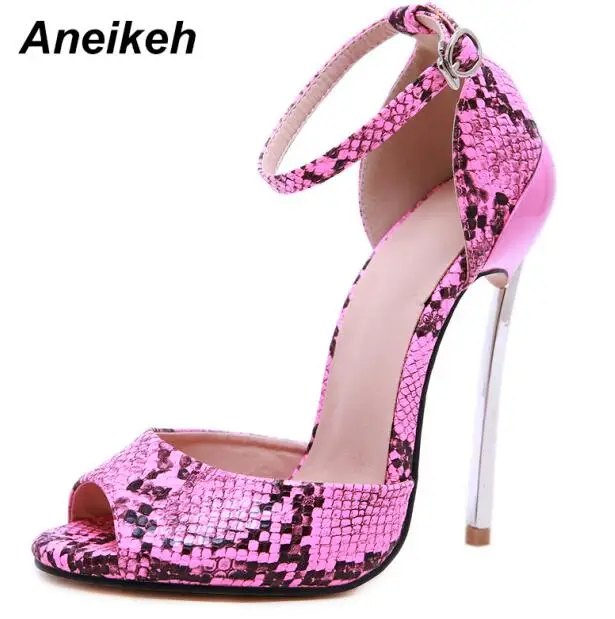 Aneikeh/ г.; модные пикантные босоножки из искусственной кожи под змеиную кожу; женские туфли на тонком высоком каблуке с круглым носком и ремешком с пряжкой; вечерние, свадебные, черные; Размеры 35-42 - Цвет: rose red