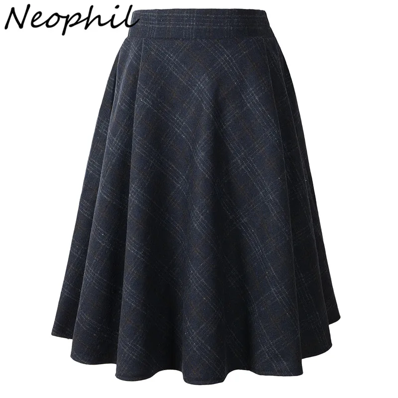 Beste Neophil 2018 Winter Hoge Taille Wollen Plaid School Geplooide Midi Rokken Vrouwen Grijs Kaki Engeland Stijl Tartan Wol Tutu Saia 1926