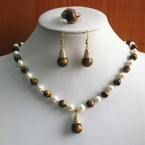 

Wholesale price 16new ^^^^Fashion White Pearl Mixed Tiger Eye Stone Necklace Earring Ring Jewelry Set