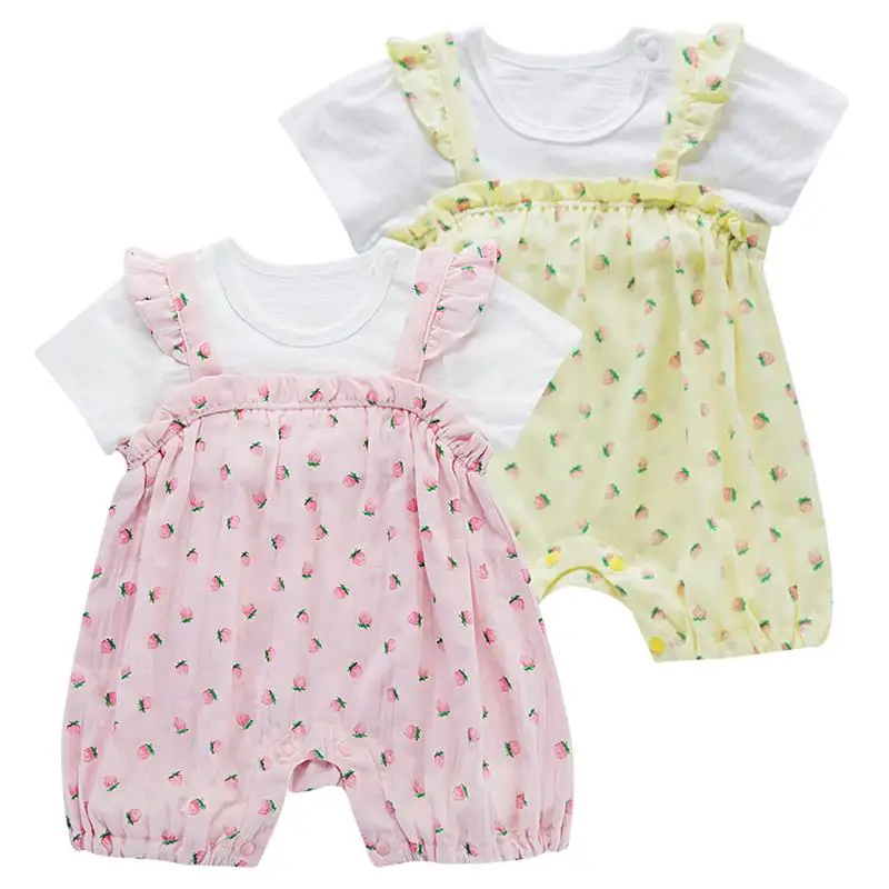 

Famuka Summer Baby Girl Rompers Lace Cotton Jumpsuit Floral Newborn Baby Clothing Princess Toddler Strawberry Print Romper