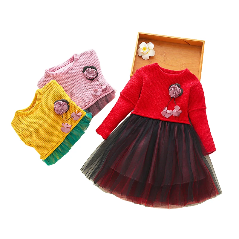 

spring thick warm knit tulle dresses age 3 - 10 yrs baby girl long-sleeve princess dress 3d flower party frocks for little girls