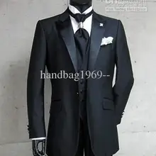 Мужского покроя настоящая фотография Черный One Button Жених Смокинги для женихов Best мужчина дружки Для мужчин Свадебная социальная Костюмы(куртка+ Брюки для девочек+ галстук+ жилет