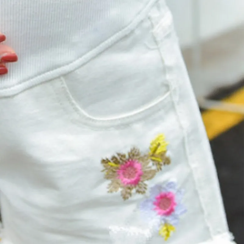 PLAMTEE Одежда для беременных Короткие вышитые цветы летние джинсы с эластичной резинкой на талии для беременных модные брюки для живота