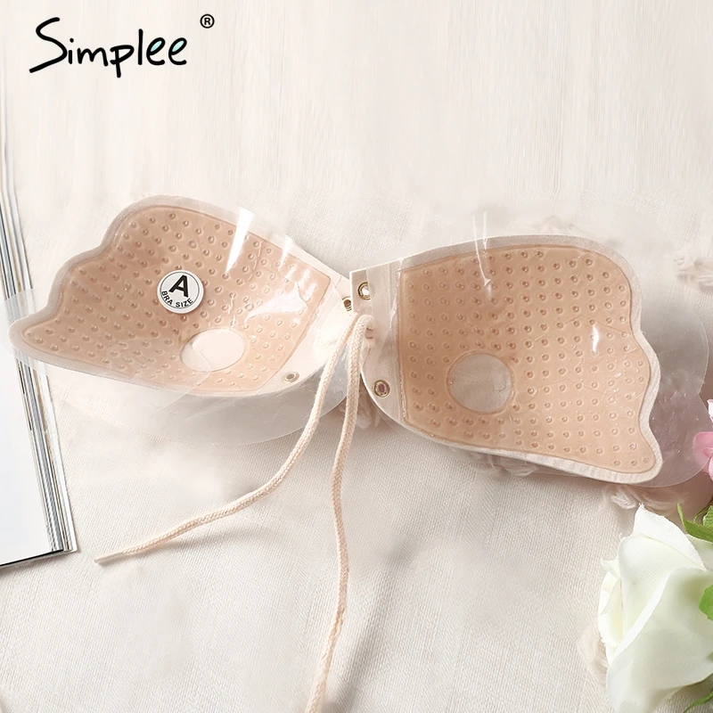 Simplee Lace up nude breast petals Spandex bare lift bra reusable women intimates accessories Strapless sexy black invisible bra