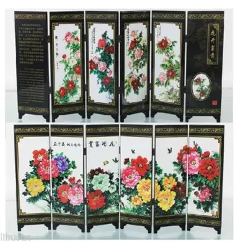 

Chinese Handmade Vintage Lovely Peony Wooden Lacquer Six Pieces Folding Screen