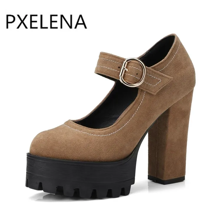 Туфли лодочки PXELENA 2018 женские в готическом стиле из флока на платформе и толстом