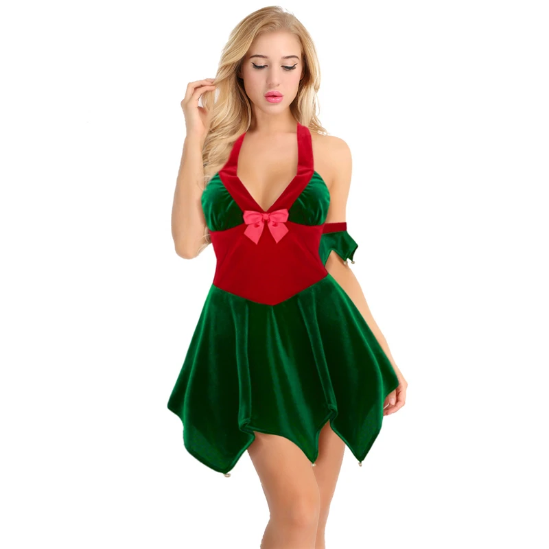 Freebily Women Adult Christmas Costume Soft Velvet Neck Haltered Dress With Arm Cuffs Xmas Elf Cosplay Party Up -Cosplayware Store
