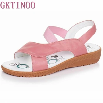 

GKTINOO 2020 Genuine Leather Women Sandals Fashion Summer Sweet Women Flats Heel Sandals Ladies Shoes Plus Size 33-43