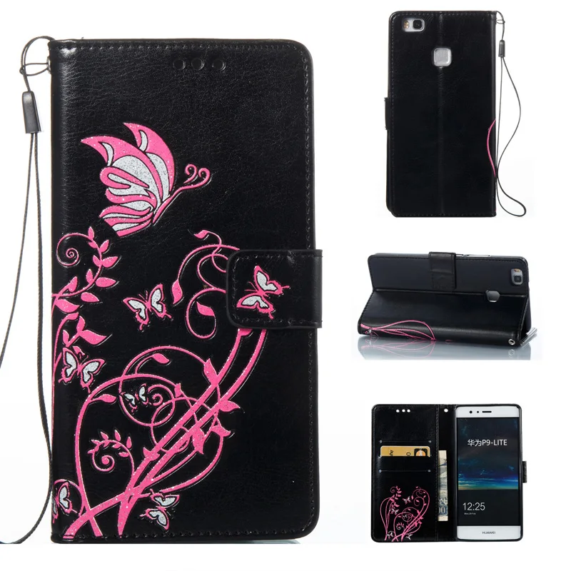 

Leather Flip Wallet Butterfly Embossing Soft Phone Silicone Cover Shell Coque for Huawei P8 Lite 2017 P9 P10 Lite Honor 8 Case