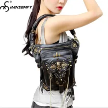 new Women men Waist bag punk multi-function female shoulder steampunk slung black skull women's PU leather rivet bags