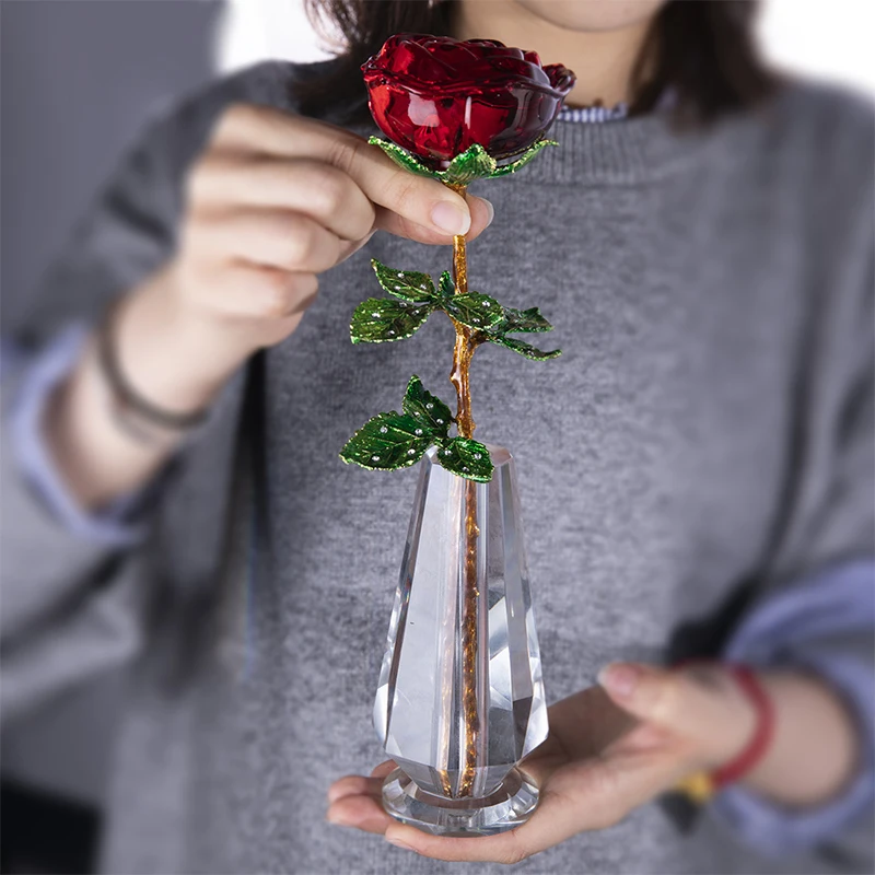 H& D Хрустальный красный цветок розы с зелеными листьями и Хрустальная подставка для вазы романтический рождественский подарок на день Святого Валентина День рождения Домашний декор