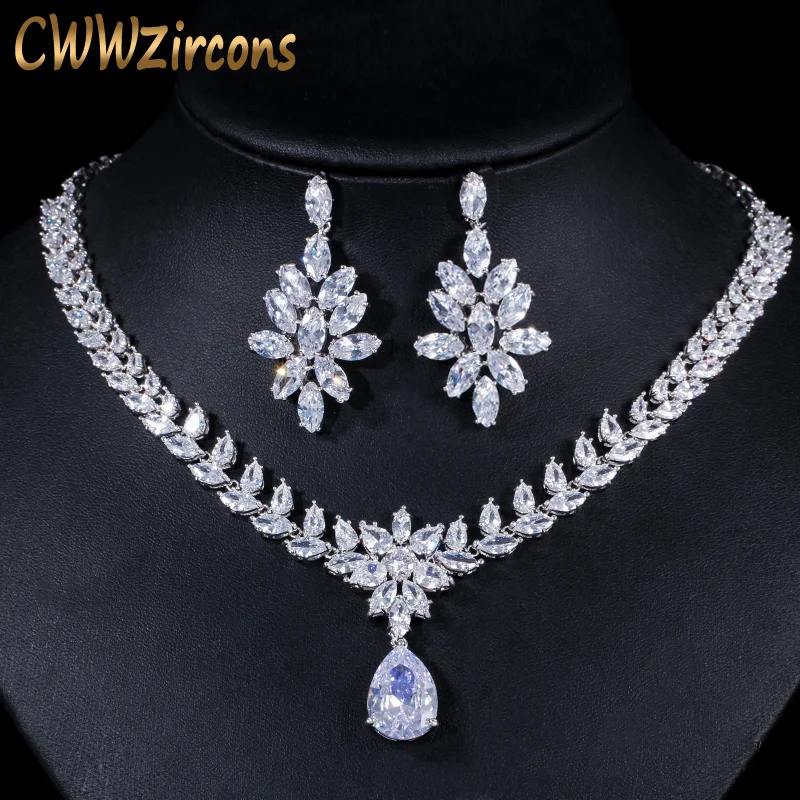 

CWWZircons Luxury Cubic Zirconia Bridal Jewelry Accessories Crystal Long Big Wedding Earrings And Necklace Sets For Brides T144
