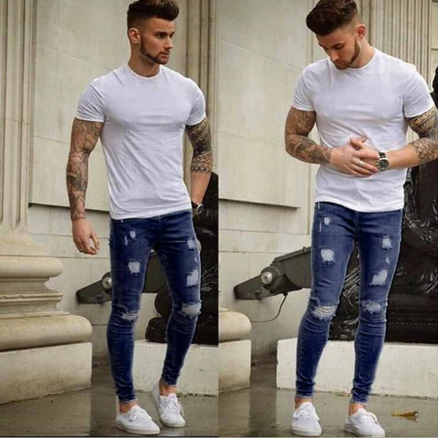 Pantalones de tubo rasgados a moda de primavera para hombre 2018, Vaqueros delgados y delgados para hombre, pantalones modernos, ropa - AliExpress