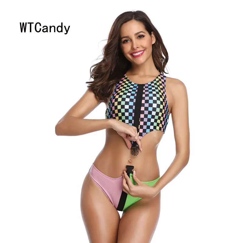 WTCandy Rainbow Plaid One Piece Swimwear Women Cut Out ...