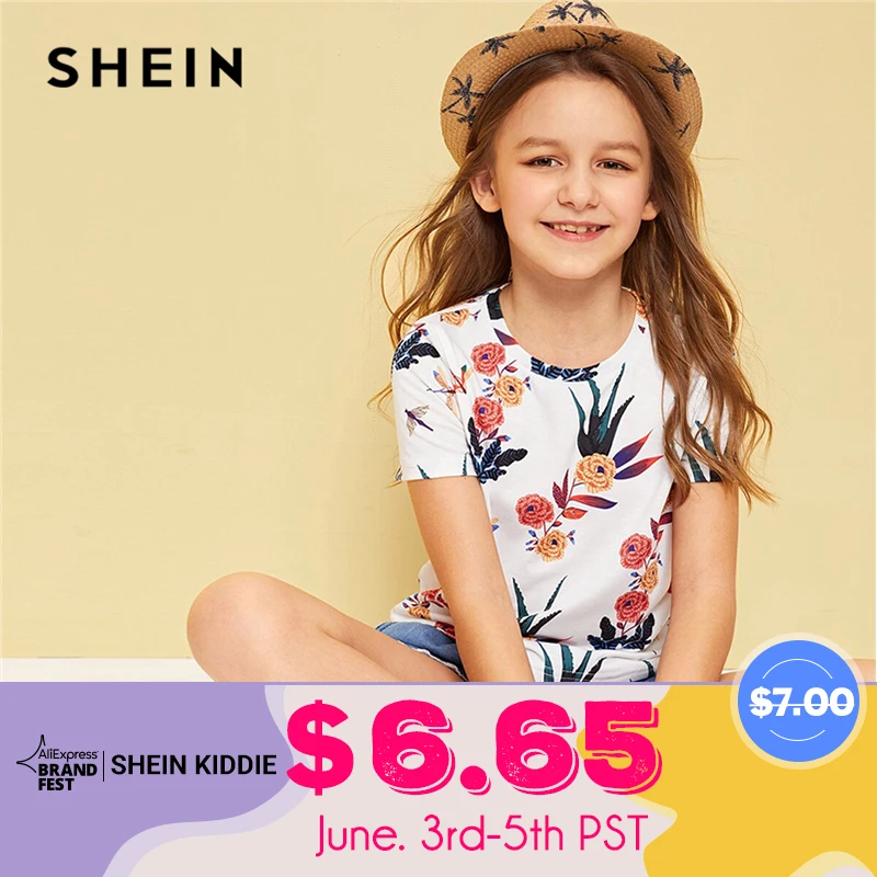 

SHEIN Kiddie Toddler Girls White Floral Print Holiday T-Shirt Child Tops 2019 Summer Vacation Short Sleeve Boho Beach Casual Tee