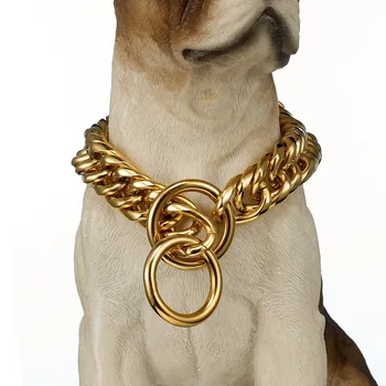 

Dog Strong Silver/Gold Color Chain Collars 16/19mm Wide Double Curb Cuban Chains Link Stainless Steel Pet Jewelry 12-32"