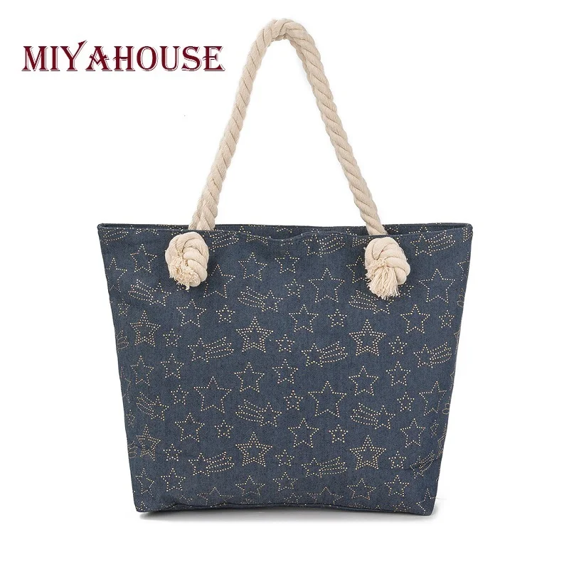 

Miyahouse Casual Denim Design Women Handbag Large Capacity Beach Bag Ladies Star Printed Shoulder Bag Female Shopping Bag