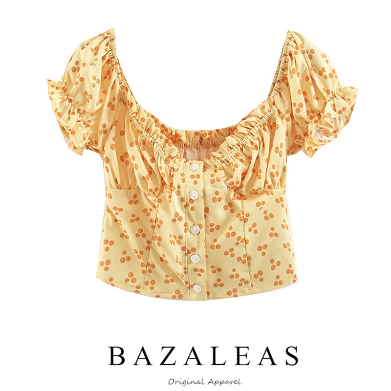 

Bazaleas Vintage Buttons T Shirt women Slim Ruffles women Cropped T-shirt Yellow Floral Print Crop Top drop shipping