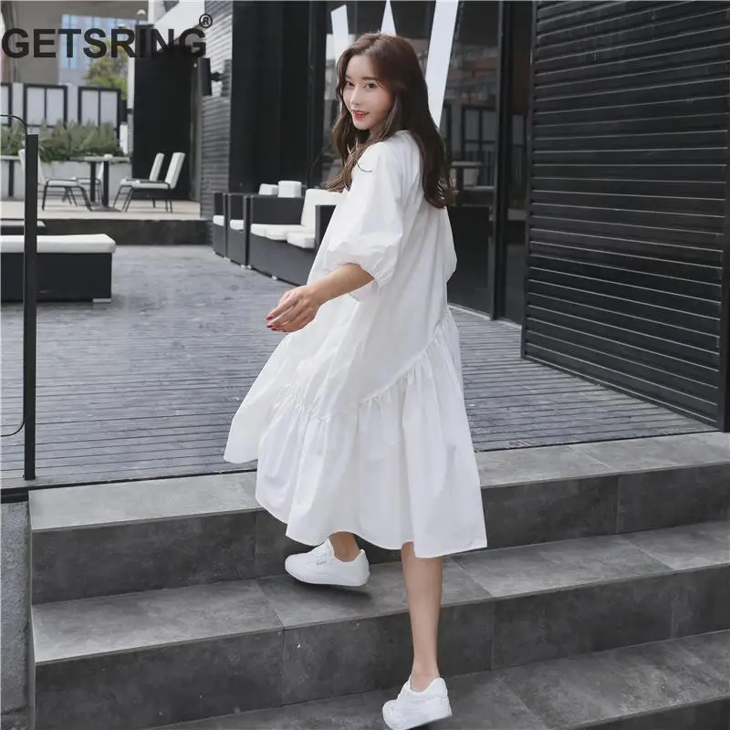 

GETSRING Dress Women White Dress Cotton 2018 Summer Seven Sleeve Loose Pleated Irregular Long Dress Plus Size Women Dresses XXL