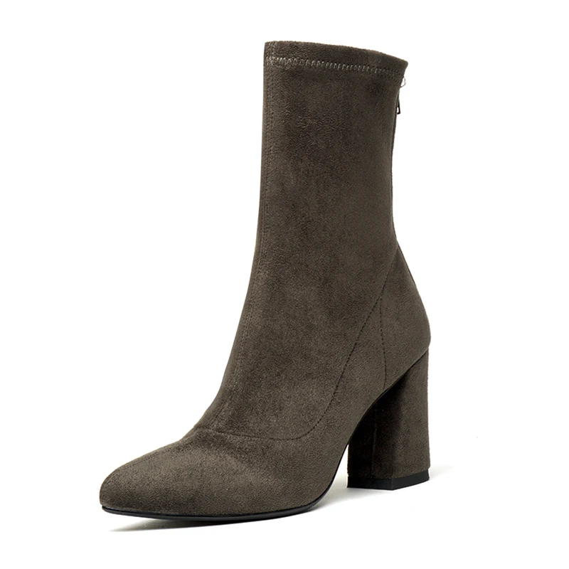 Doratasia/фирменный дизайн; ; ботинки «Челси» из коровьей замши на высоком массивном каблуке; женская обувь; популярные Брендовые женские ботинки до середины икры - Цвет: Темно-серый