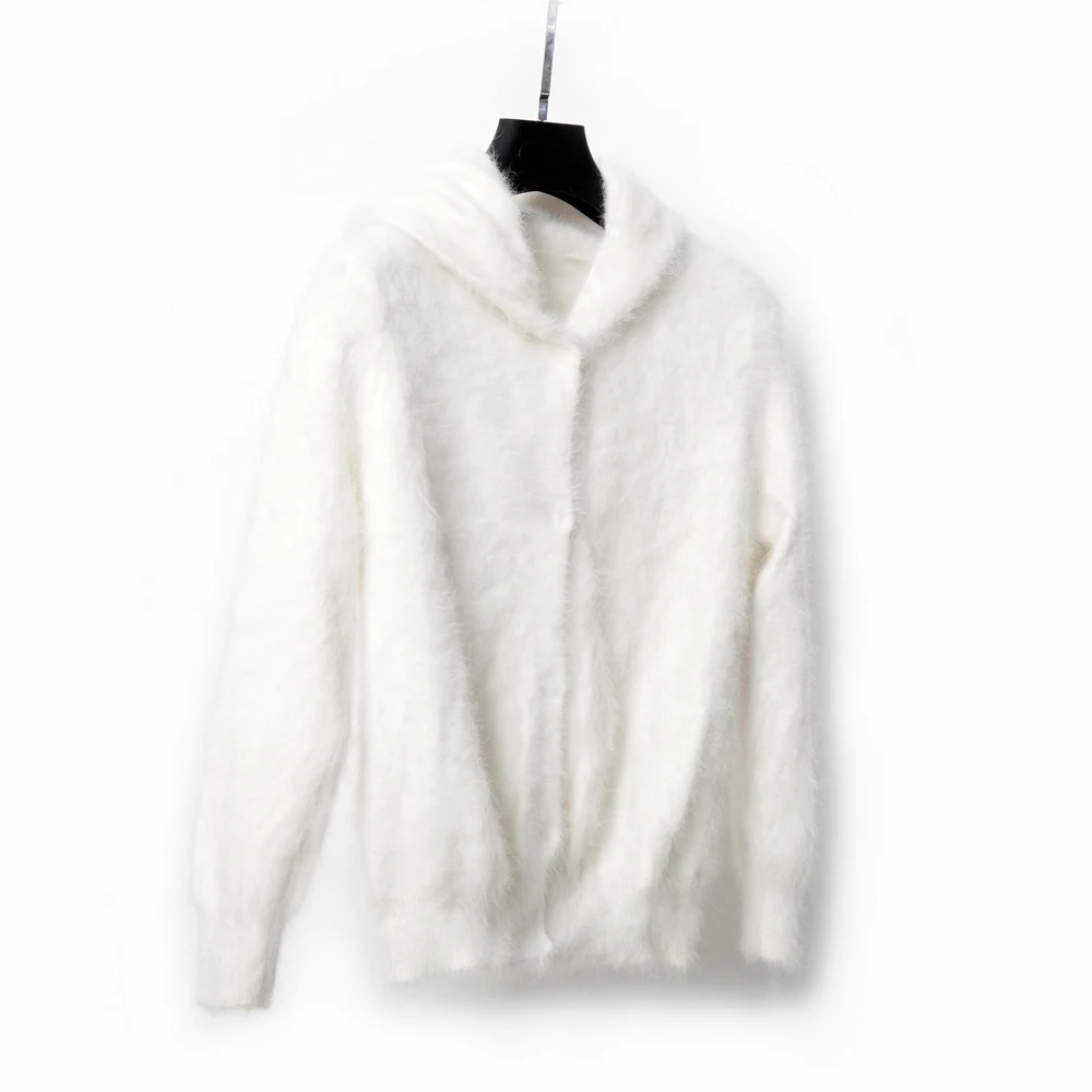 

Off White Pure Real Mink Cashmere Sweater Button Hood Style Streetwear Girl Cardigans wsr672
