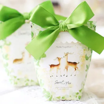 

Free shipping LOVE DEER green fresh paper party favor boxes with riibon