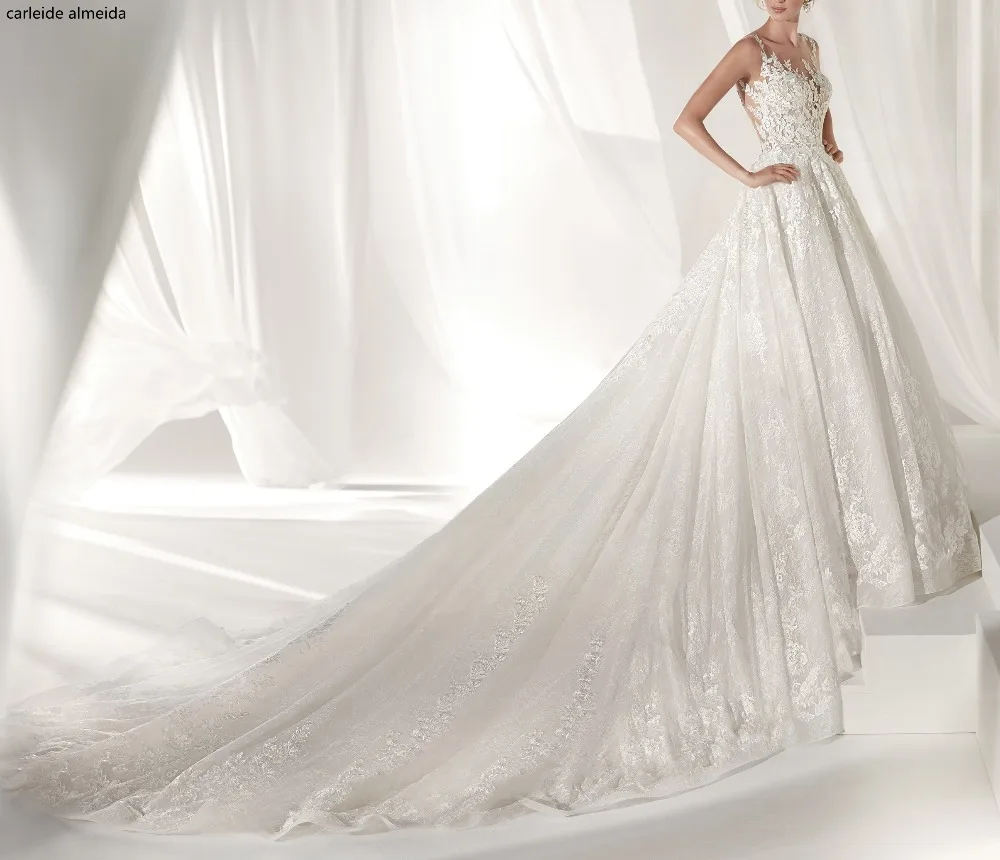 Vestido de noiva романтическое кружевное свадебное платье Прозрачный лиф Королевский