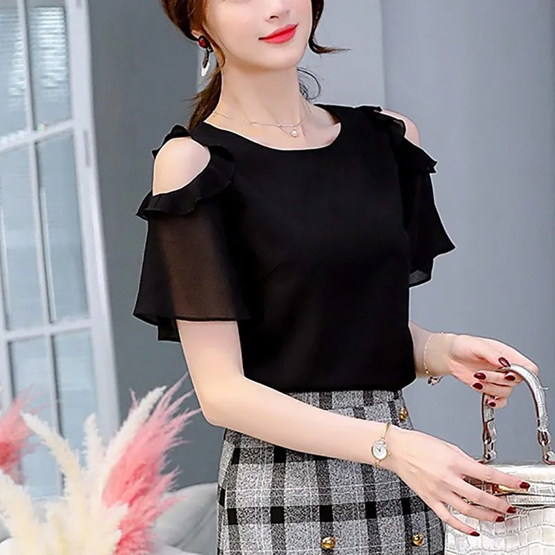 Summer Ladies Black Tops Chiffon Shirts Blouses Women Sheer Cheap Clothes China Femininas Camisas Clothing Female