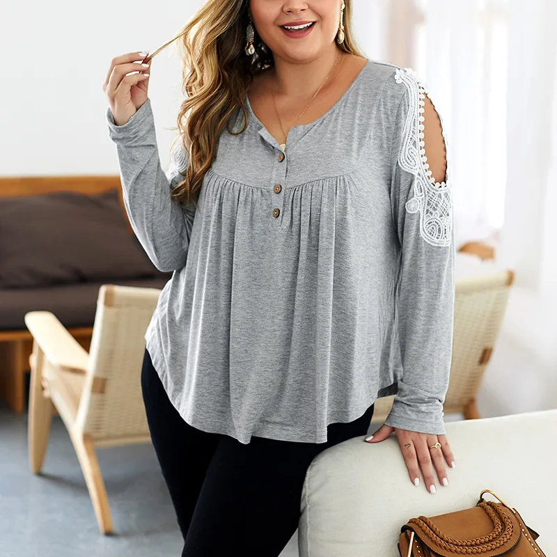 Big Size  Blouse Women Shirts Lace Holow Out Long Sleeve Women Tops Plus Size Solid Shirts Button Blusas Oversized Female A074