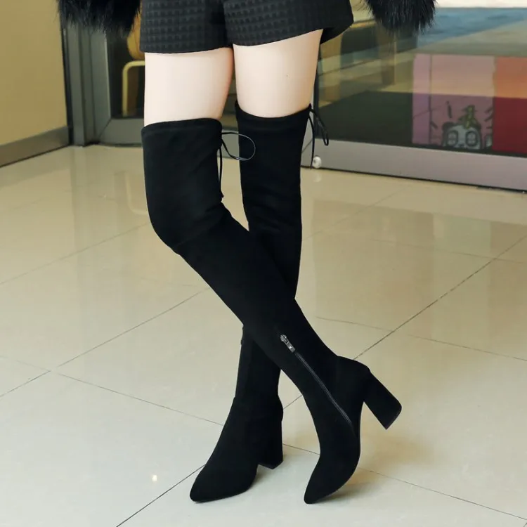 

Big Size 9 10 11 Butterfly-knot thick-heeled zipper boots with pointed head and solid color
